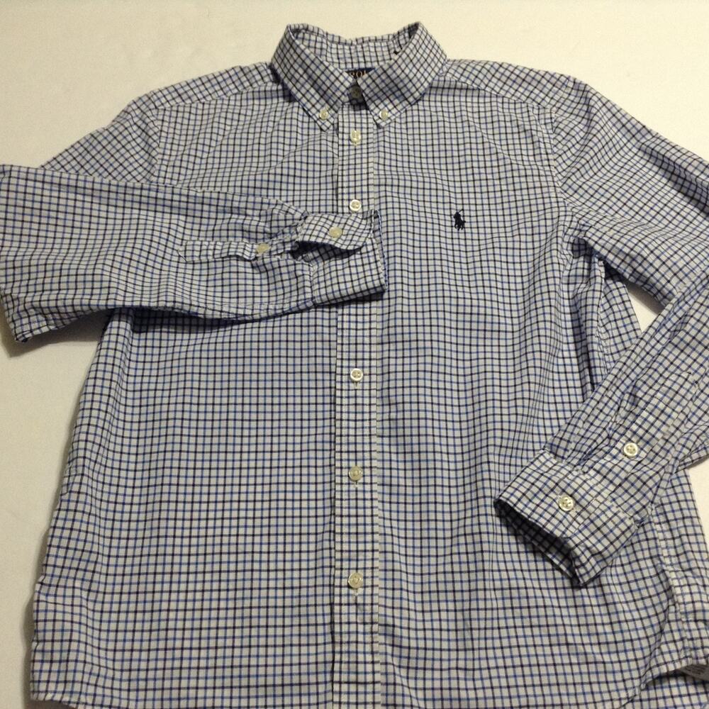 Polo Ralph Lauren Shirt Boys Sz L 14 16 Natural Stretch Blue Plaid